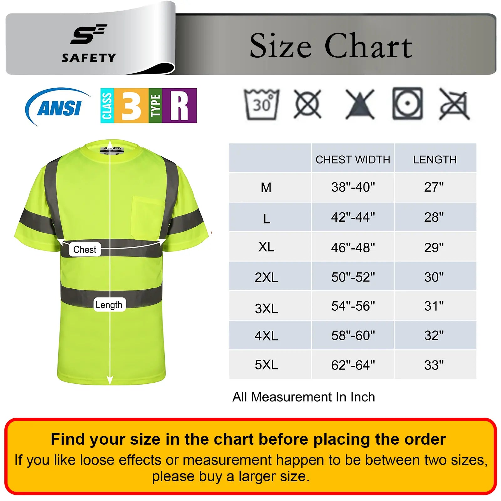 Safety shirt T2011 with size chart and ANSI Class 3 Type R label