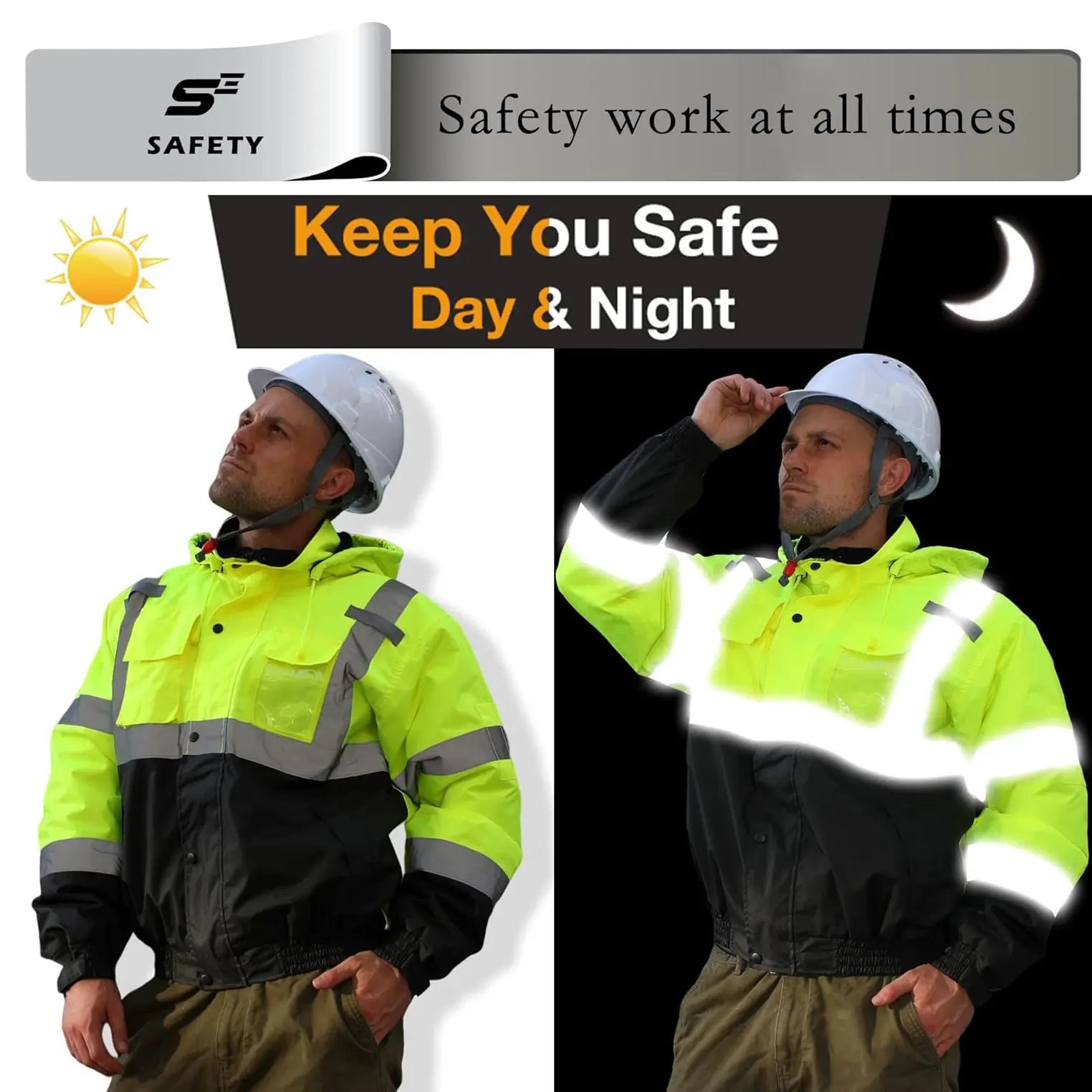 SEsafety Lime Safety Jacket J2021 reflective compare day and night