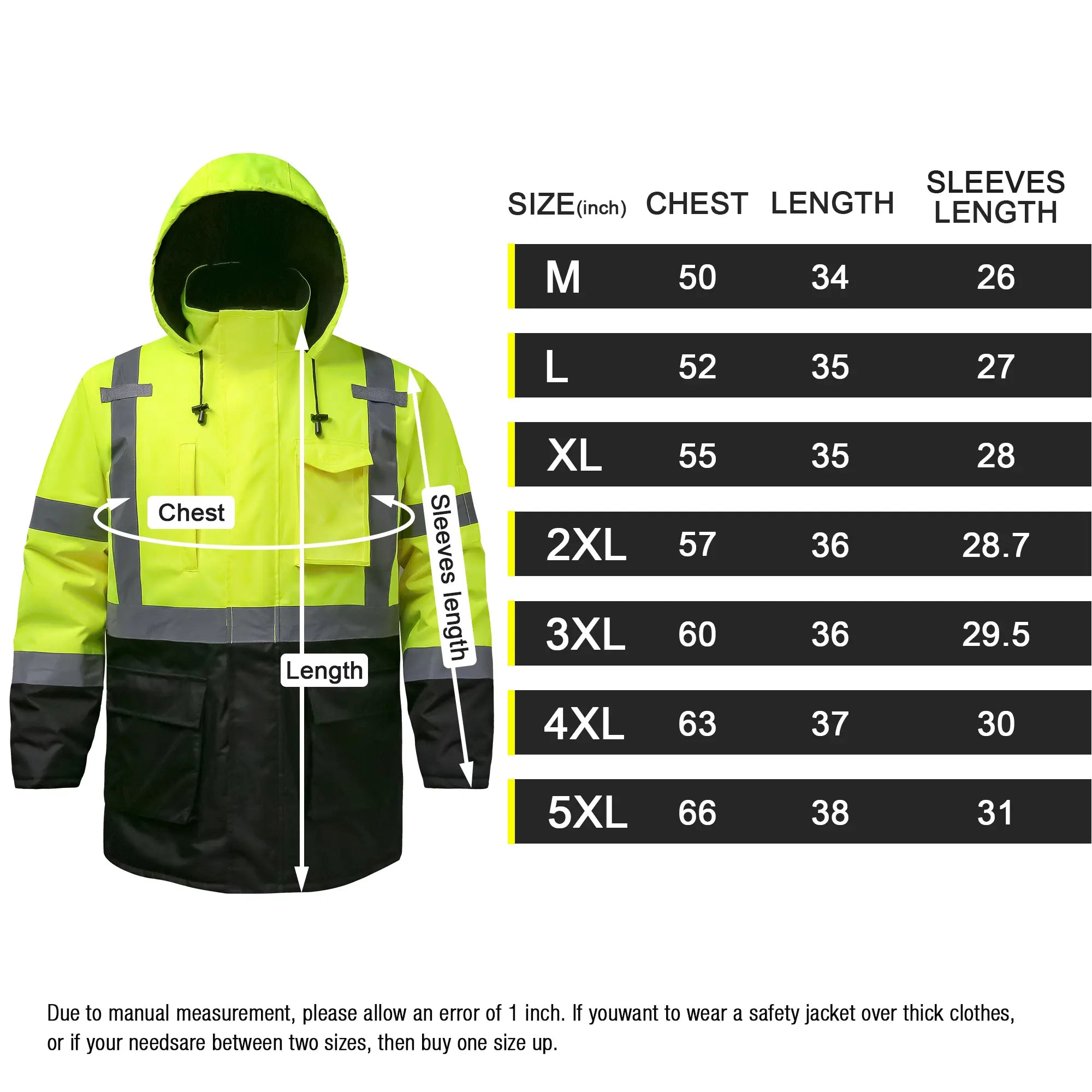 SEsafety High-visibility safety jacket with size chart on a white background J4205