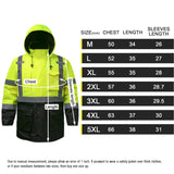 SEsafety High-visibility safety jacket with size chart on a white background J4205