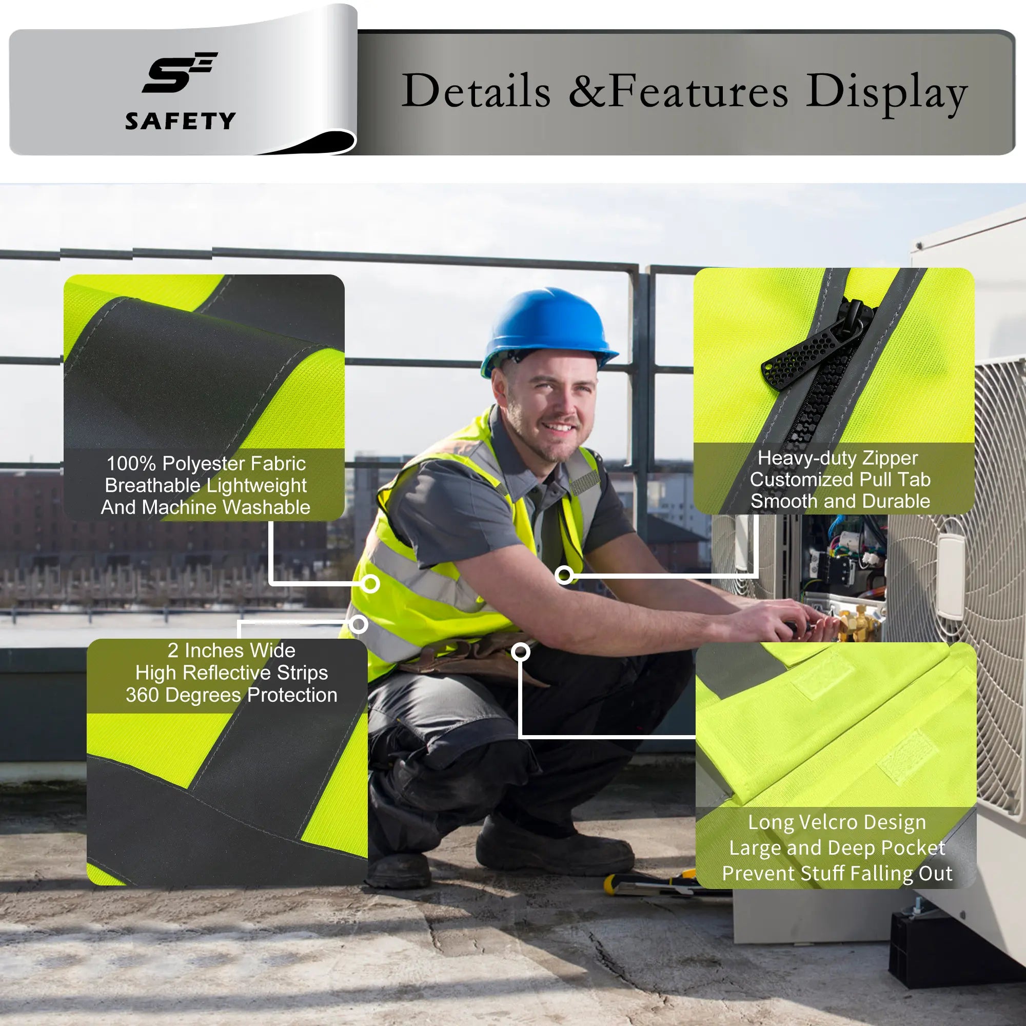 SEsafety Lime safety vest v2071 detail and 4 features display