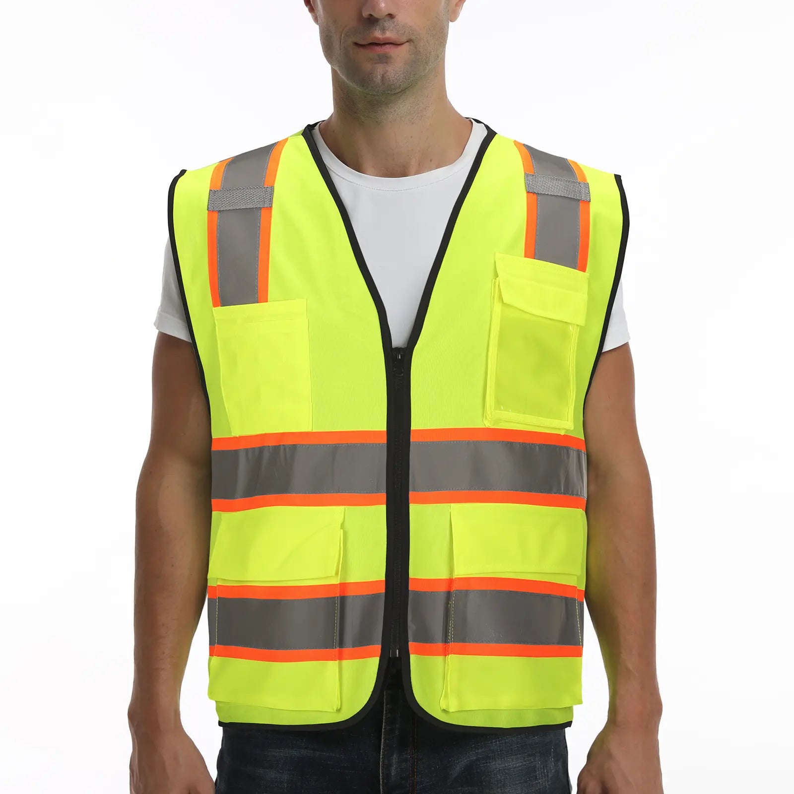 A man wearing SEsafety Lime safety vest V1071