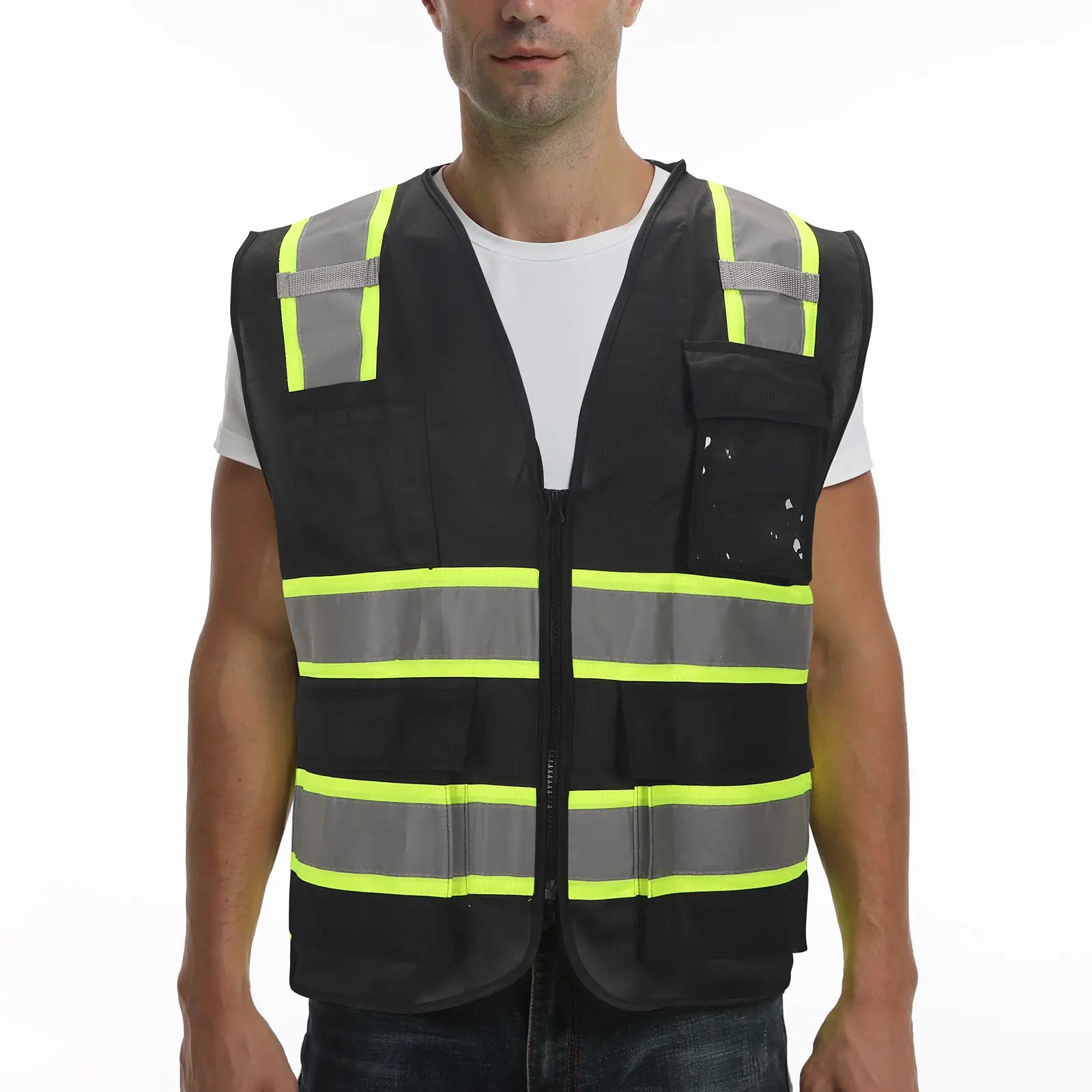 A man wear Black SEsafety Safety vest V1073