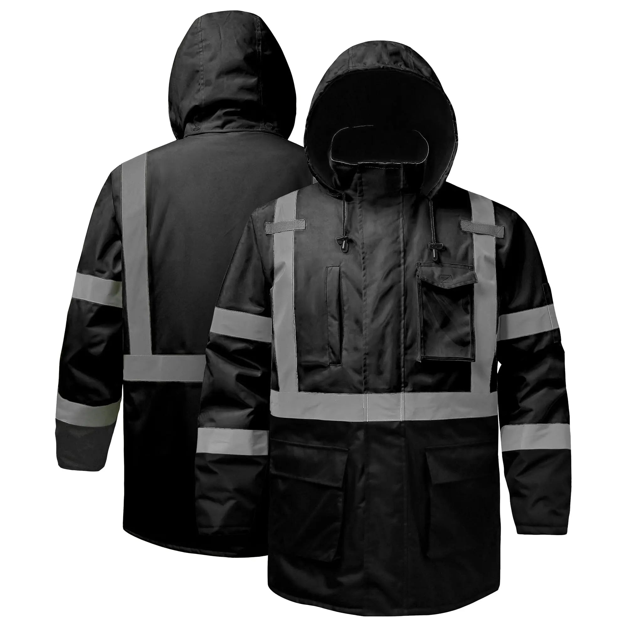SEsafety Black raincoat with reflective stripes J42053 shown from front and back on a white background
