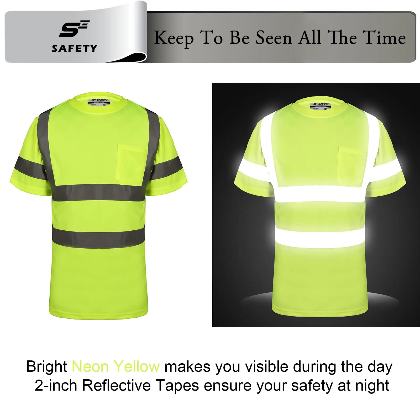 SEsafety lime reflective short sleeve shirt visibility during day and night