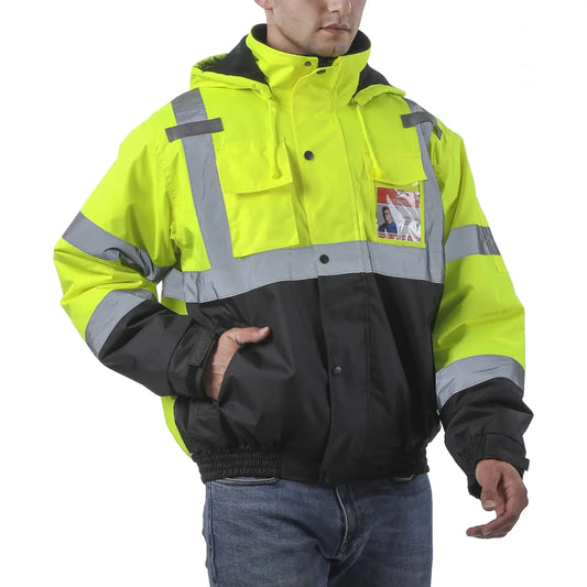 Model wearing lime safety vest J2021