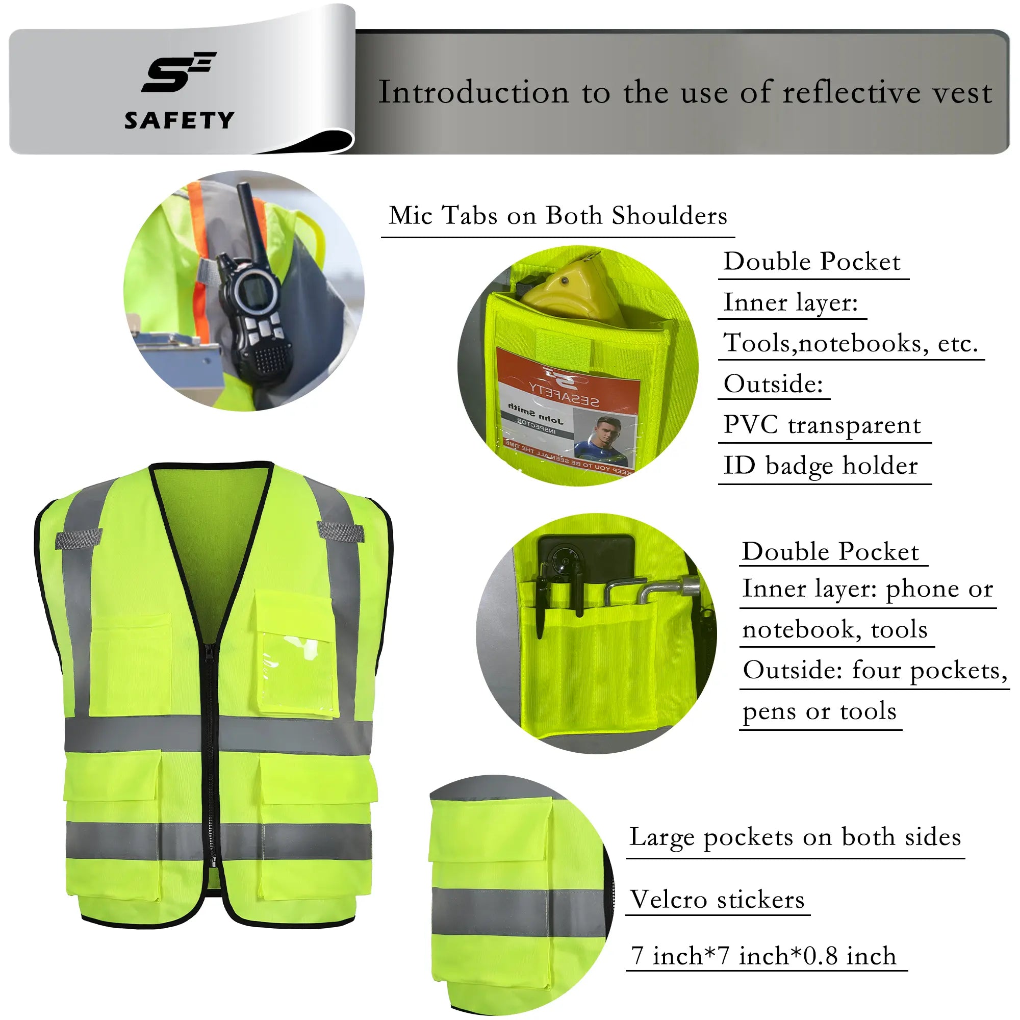 Pockets display of SEsafety ANSI class 2 lime safety vest v2071