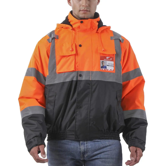 Model Wearing SEsafety ANSI Class 3 Orange Safety Jacket J2022