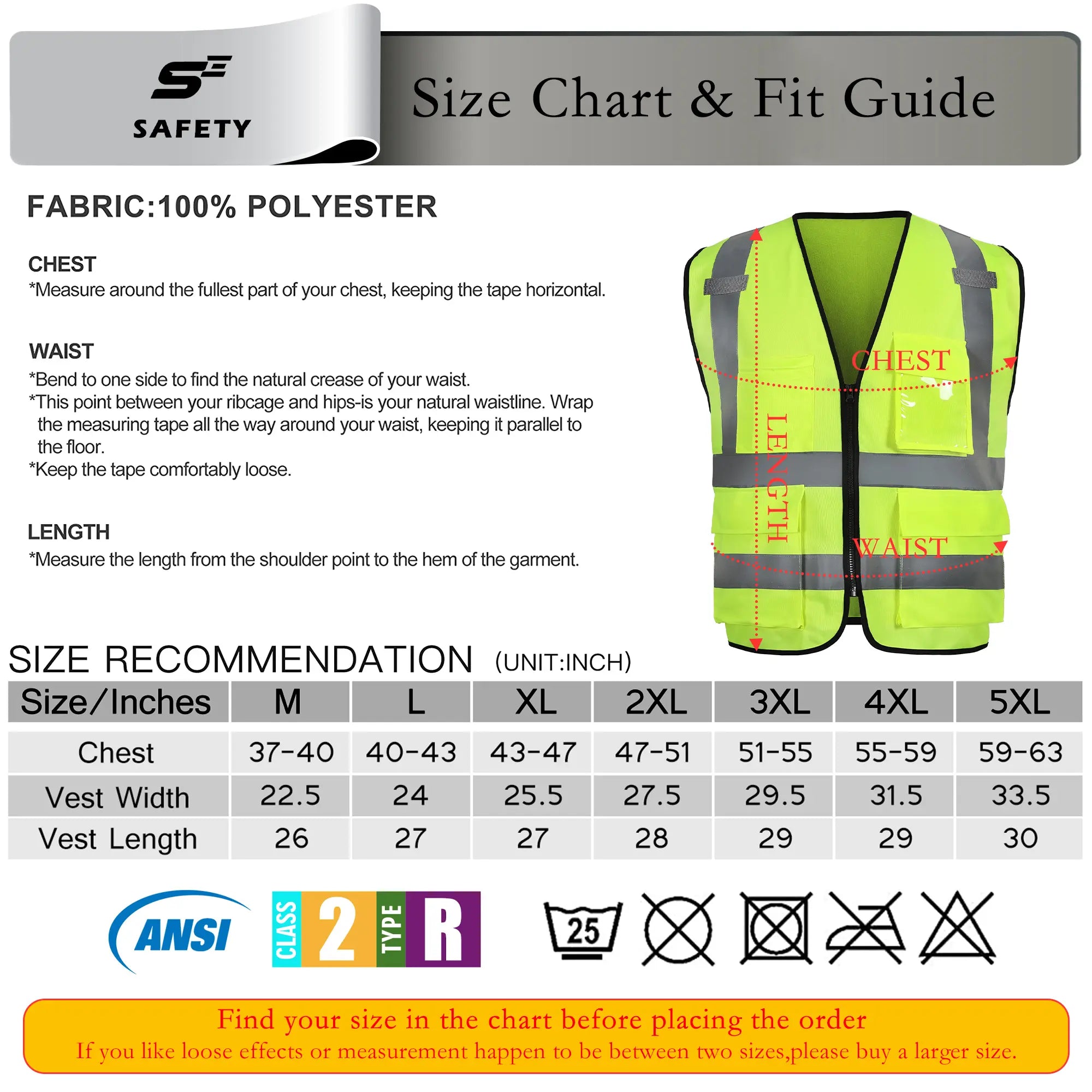 Size chart and tips of SEsafety ANSI class 2 hi vis safety vest V2071