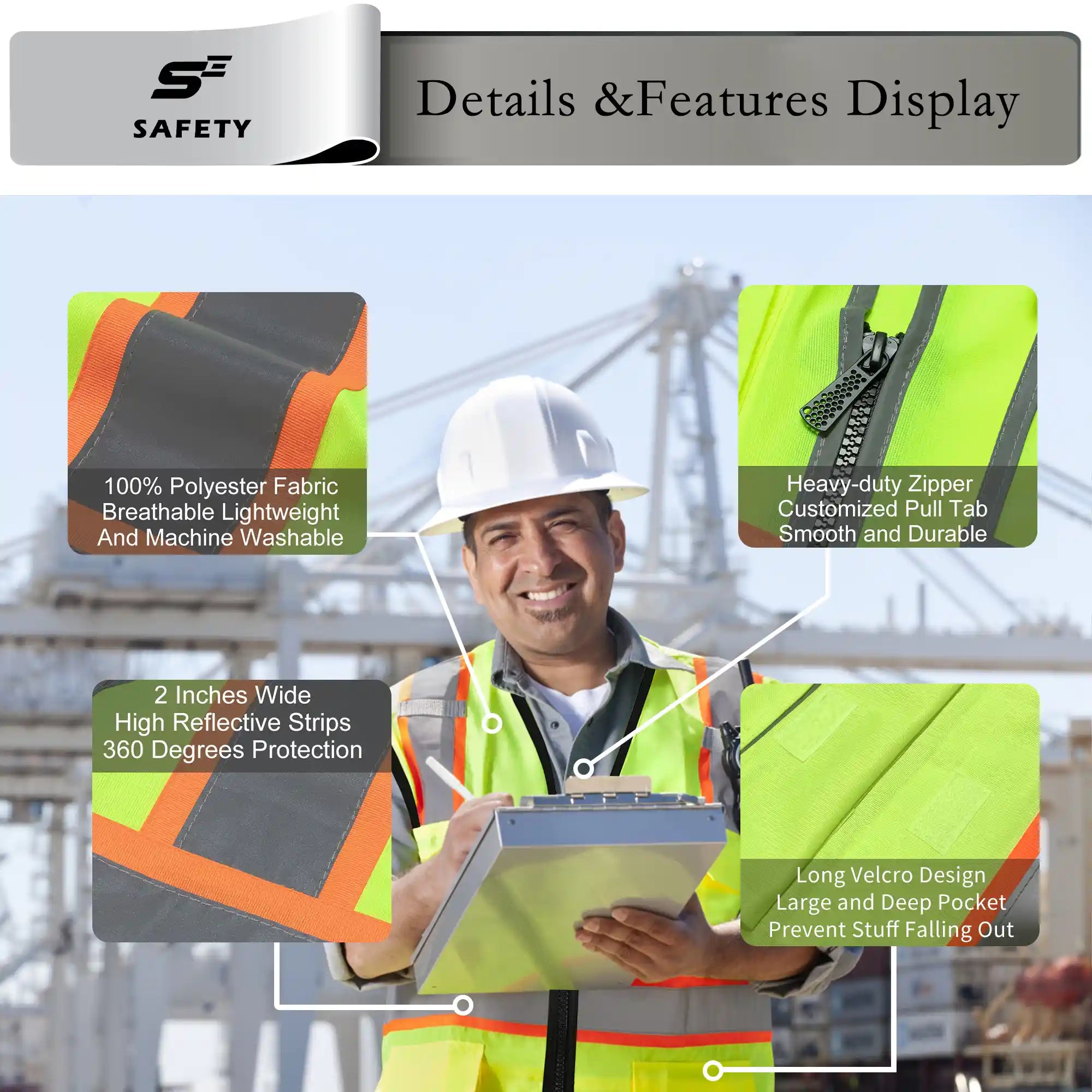 Person wearing a safety vest with features highlighted, including reflective strips and zipper