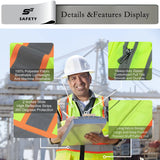 Person wearing a safety vest with features highlighted, including reflective strips and zipper