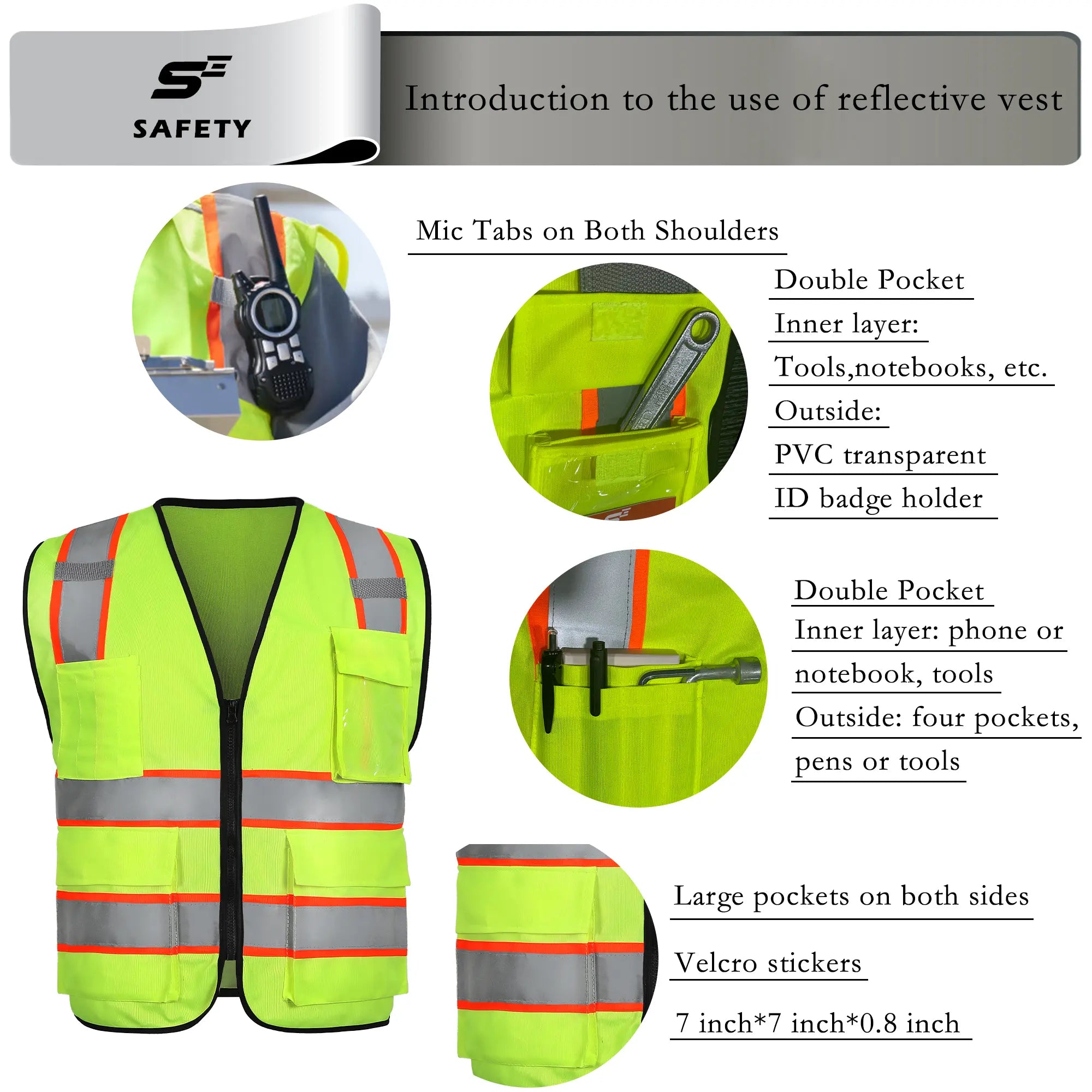 Lime safety vest with reflective stripes and multiple pockets, featuring text on its use
