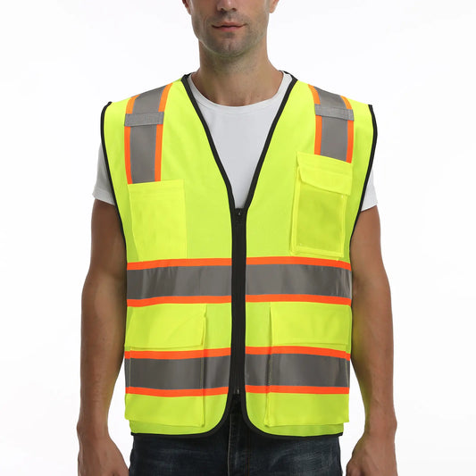A man wearing SEsafety Lime safety vest V1071