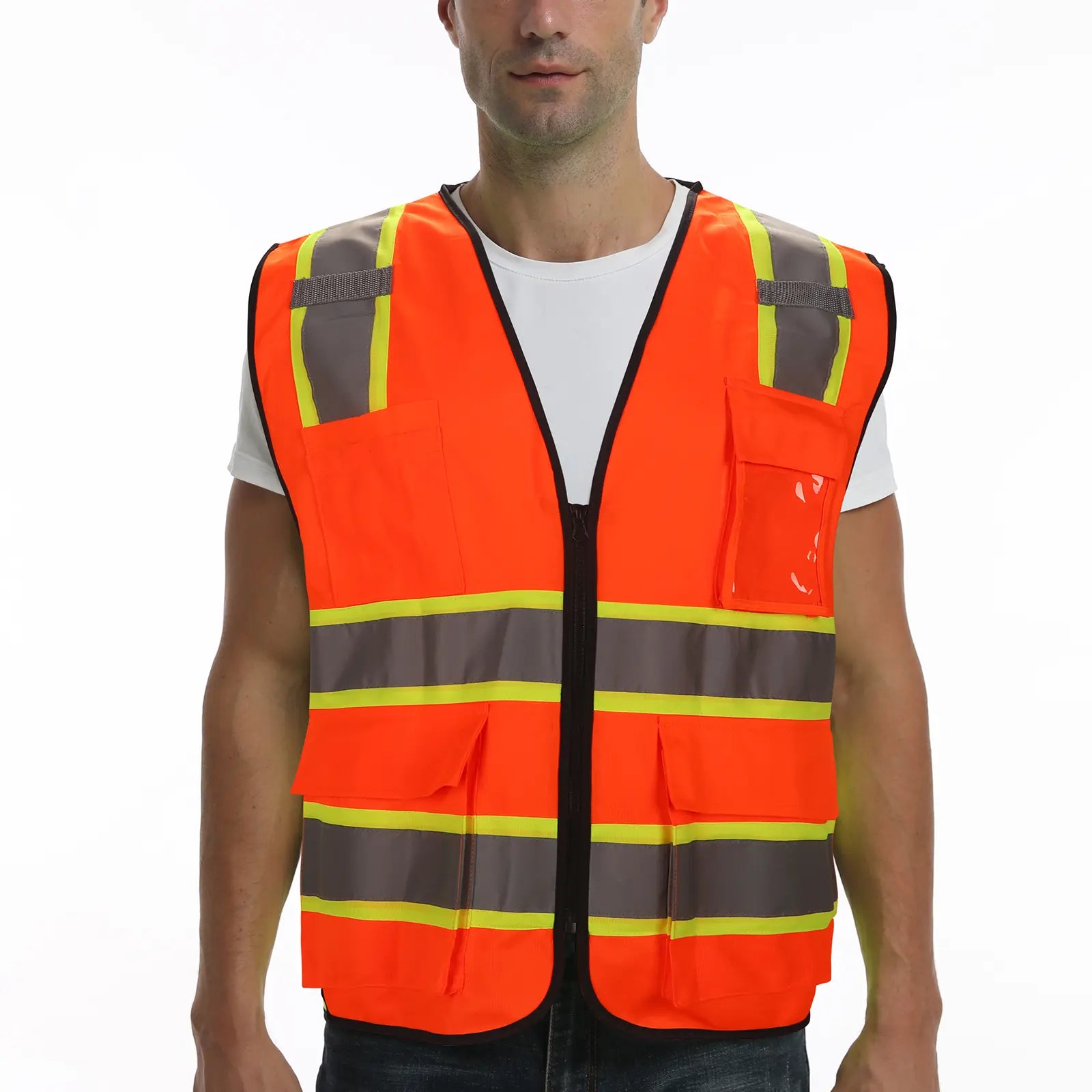 A man wearing orange SEsafety hi vis Vest V1072